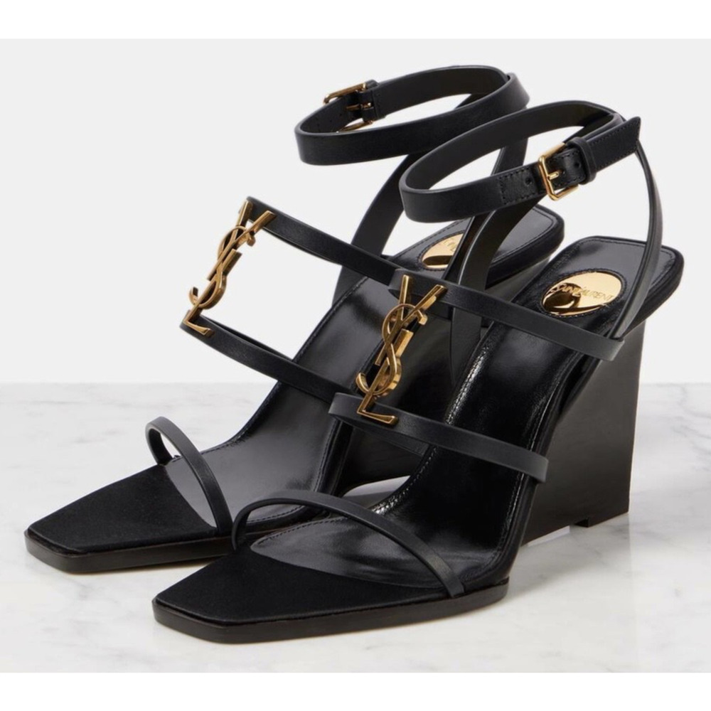 Saint Laurent YSL Logo Cassandra 90 Black Ankle Strap Wedge Sandal Heel 36.5 - Picture 13 of 16